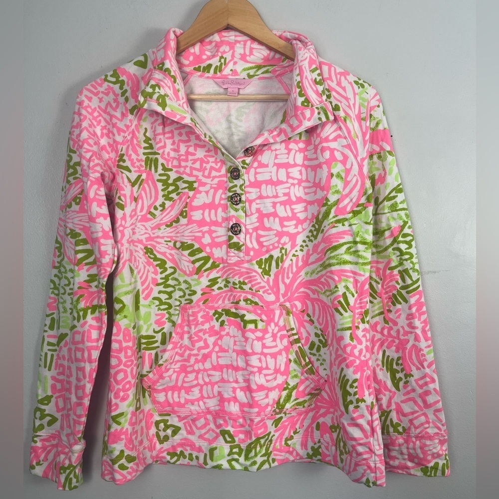 Lilly Pulitzer small Pink Green Buttoned Pullover Tunic Top Kangaroo Pocket